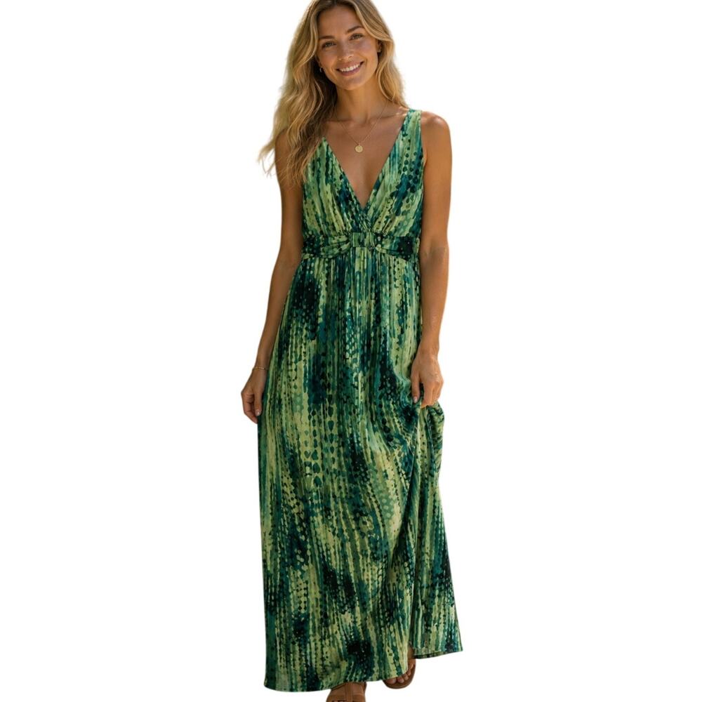 Soma Maxi Dress Womens Large Green Watercolor Resortwear Beachy Long Loungewear